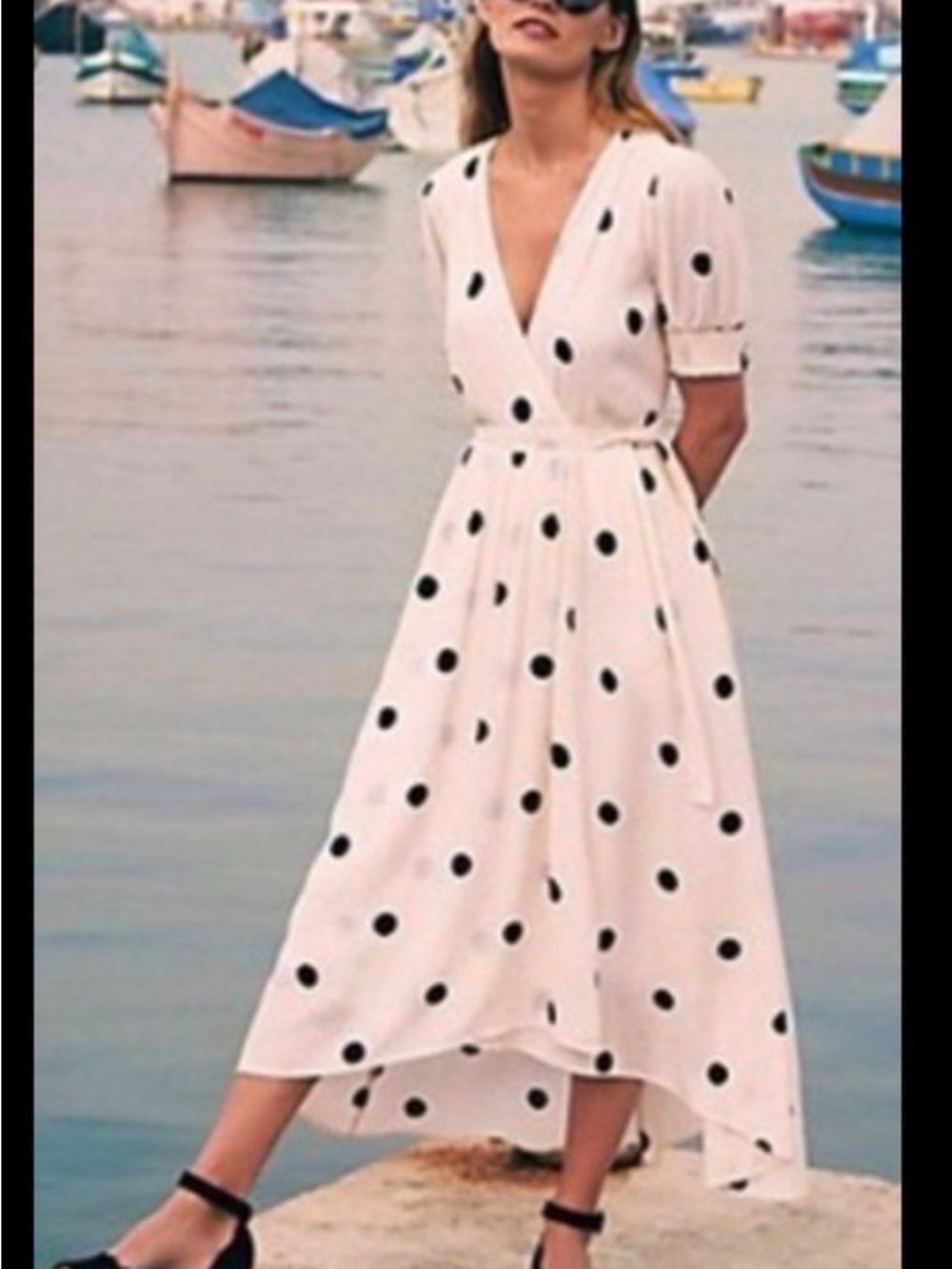 Maeve Ivory Wrap High-Low Maxi Dress with Black Polka Dots